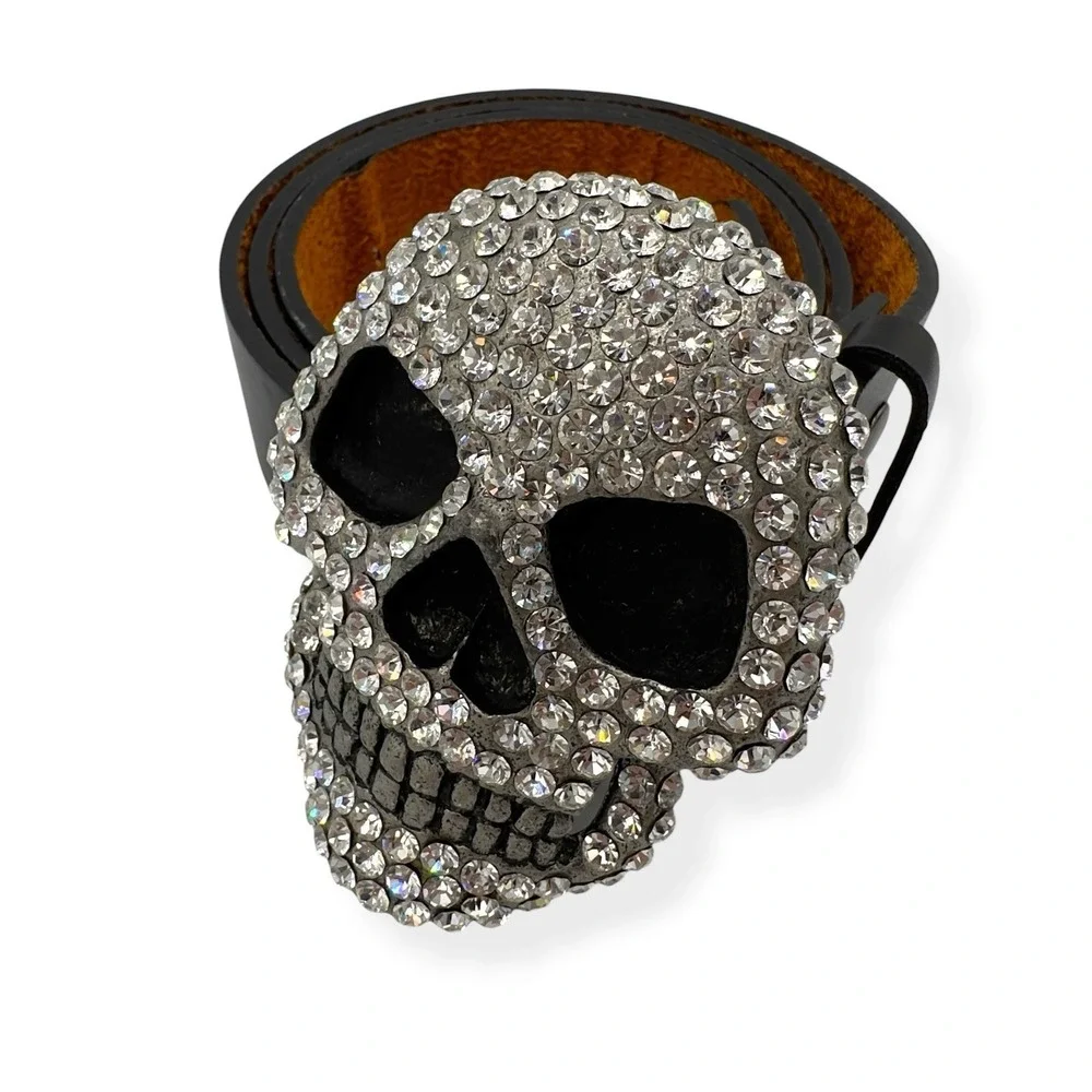Studded‎ Skull Black Genuine Leather Belt Rock Rhinestones Men's Size 34-36